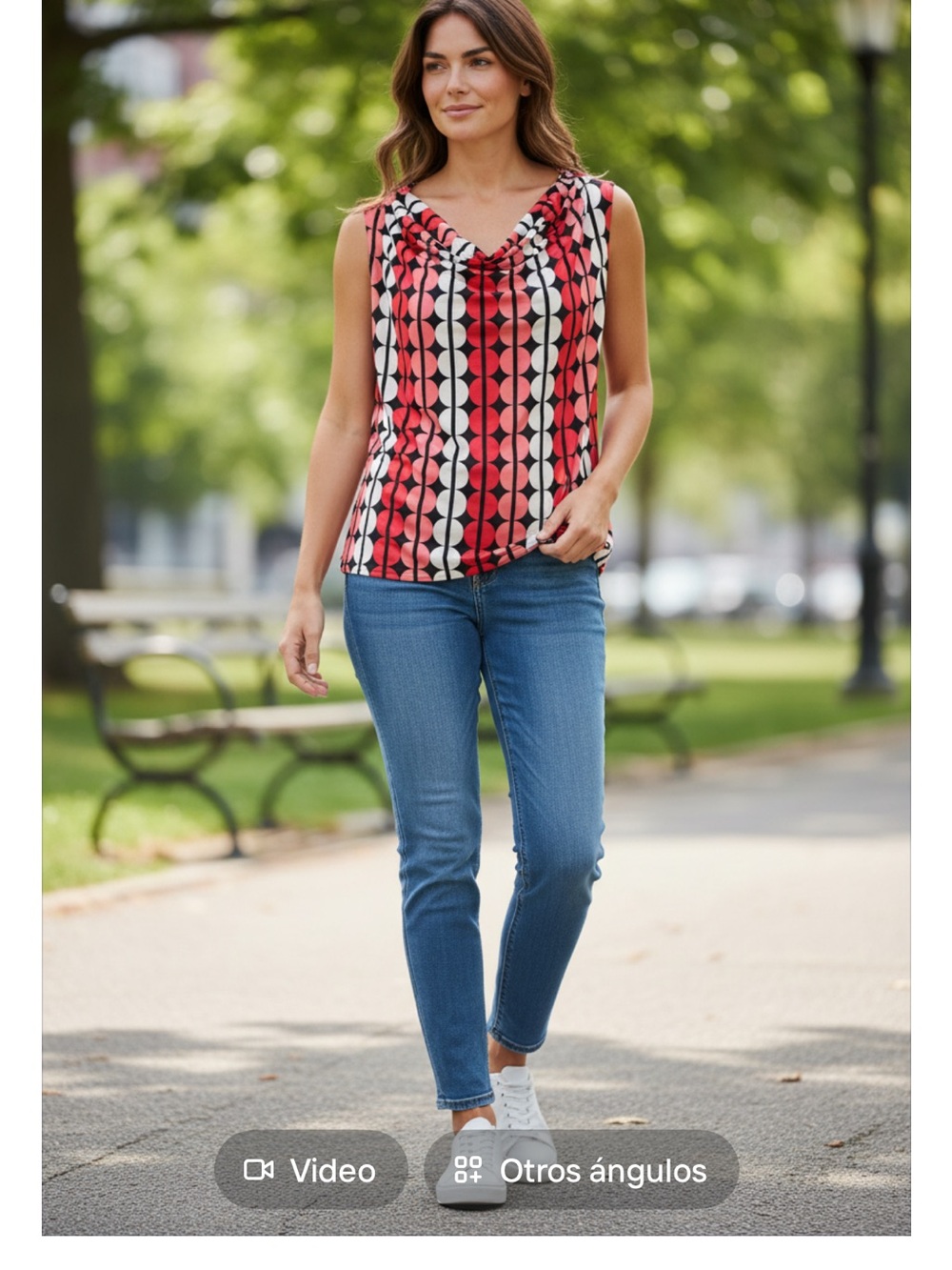 Worthington Sleeveless Cowl Neck Geo Print Top in Coral, Black & White